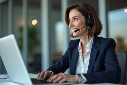 Femme professionnelle en réunion avec casque et ordinateur