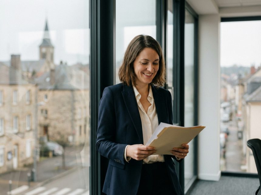 Femme d'affaires souriante dans un bureau à SaintAvold