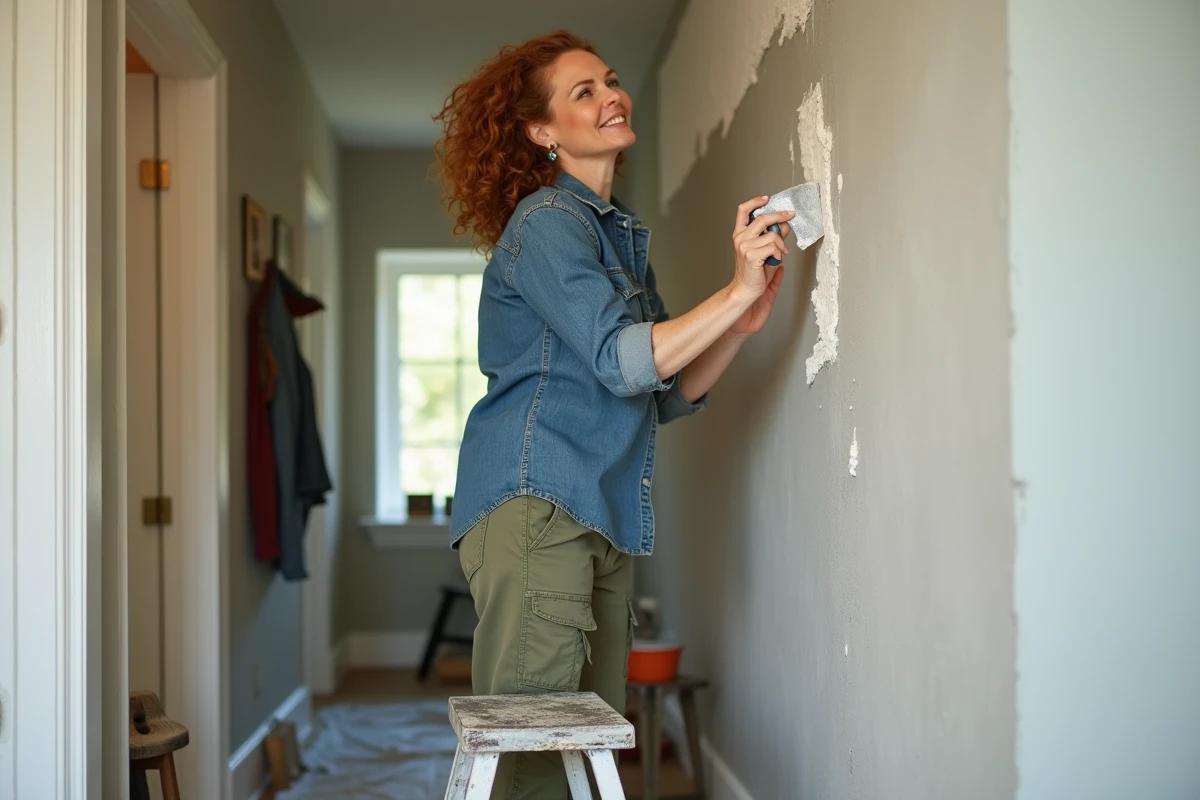 Femme appliquant de l'enduit mural sur une cloison intérieure dans un couloir, vêtements de travail décontractés, posture autonome et appliquée