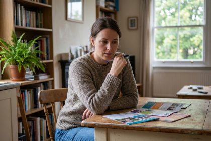 Femme réfléchissant à des brochures de cours locaux à la maison