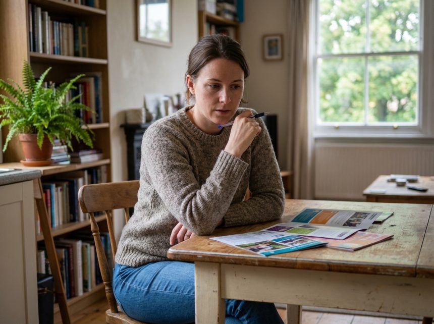 Femme réfléchissant à des brochures de cours locaux à la maison