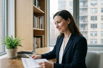 Femme d'une quarantaine en bureau moderne en train de lire son CV