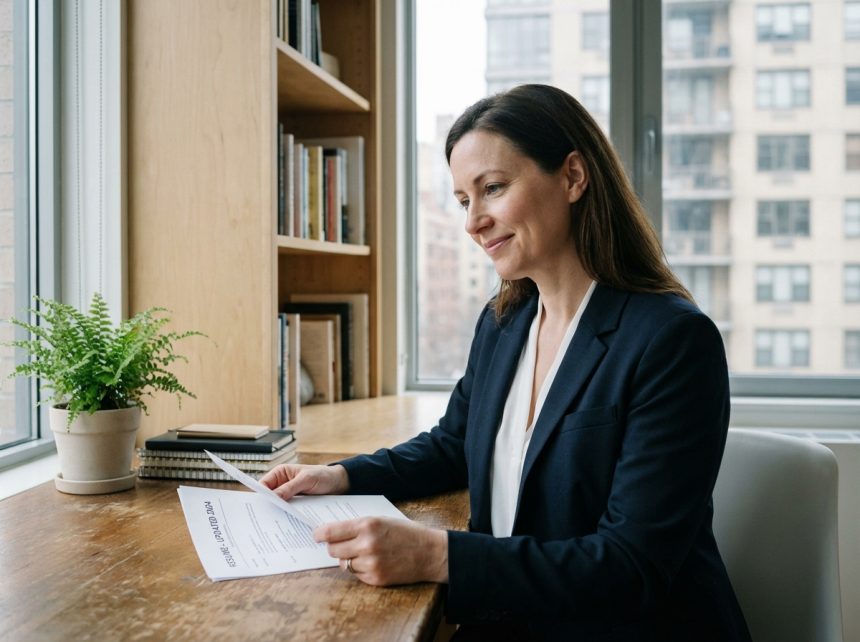 Femme d'une quarantaine en bureau moderne en train de lire son CV