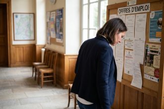 Femme en blazer lisant annonces dans mairie française