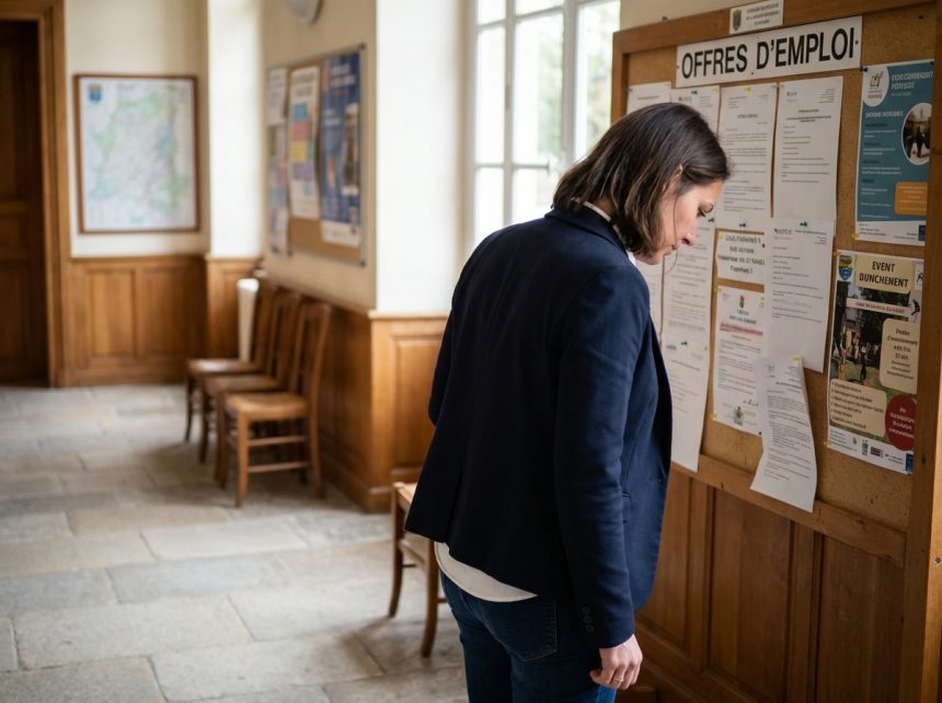 Femme en blazer lisant annonces dans mairie française