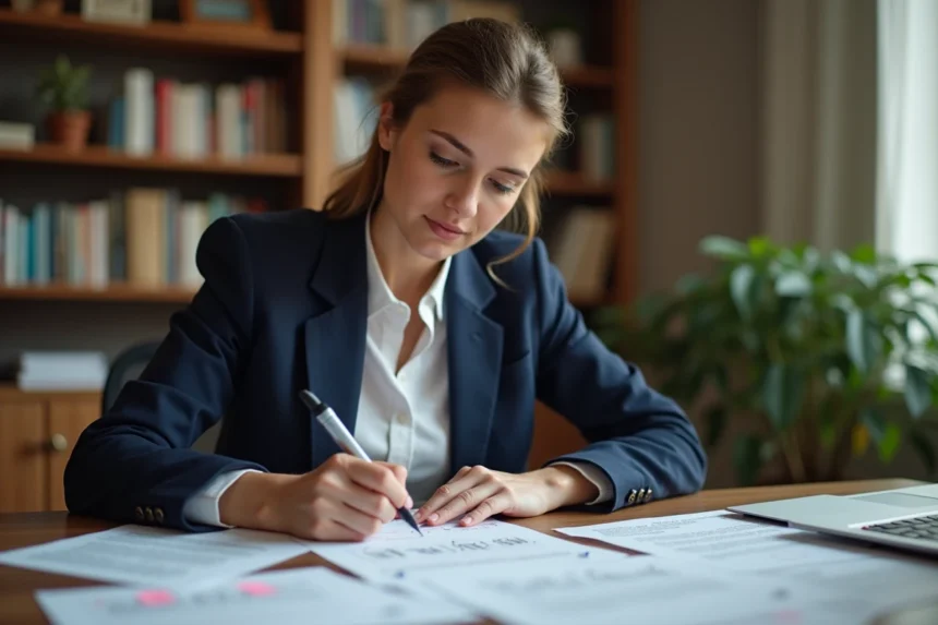 Femme rédigeant un texte argumentatif avec des connecteurs logiques annotés sur des feuilles imprimées dans un bureau à domicile