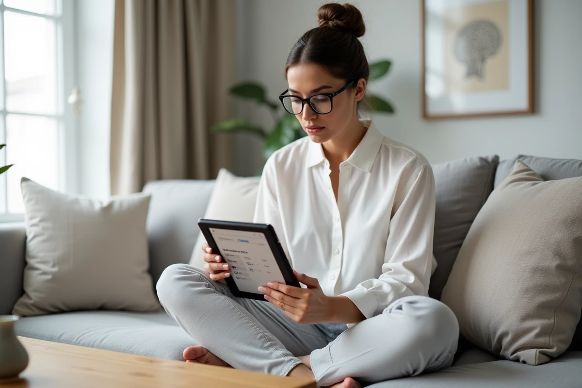 Femme avec lunettes lisant les résultats de son test de QI sur une tablette dans son salon