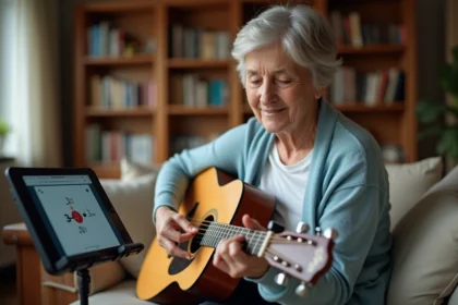 Femme senior aux cheveux argentés apprenant la guitare acoustique en ligne depuis son salon, tablette affichant un cours de guitare pour seniors