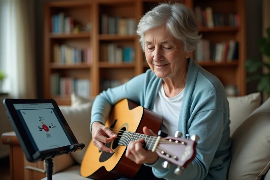 Femme senior aux cheveux argentés apprenant la guitare acoustique en ligne depuis son salon, tablette affichant un cours de guitare pour seniors
