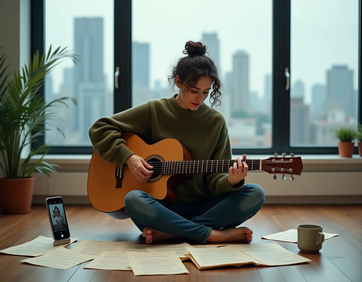 Jeune femme étudiant la tablature de Let It Be avec des partitions imprimées et une vidéo sur smartphone