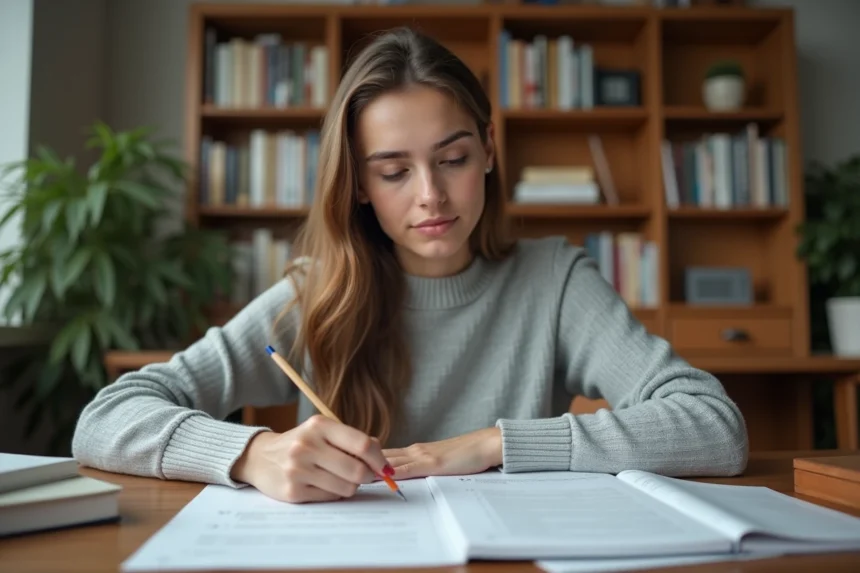 Jeune femme concentrée remplissant un test de QI imprimé à son bureau à domicile