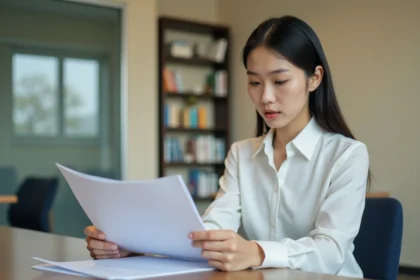 Jeune femme en blouse blanche travaillant au bureau