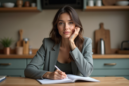 Jeune femme en blazer et jeans travaillant à la maison