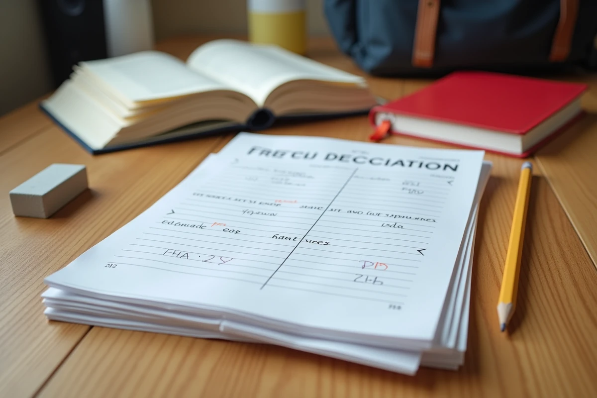 Feuilles de dictée imprimées pour le CM2 posées sur une table avec un crayon et un dictionnaire