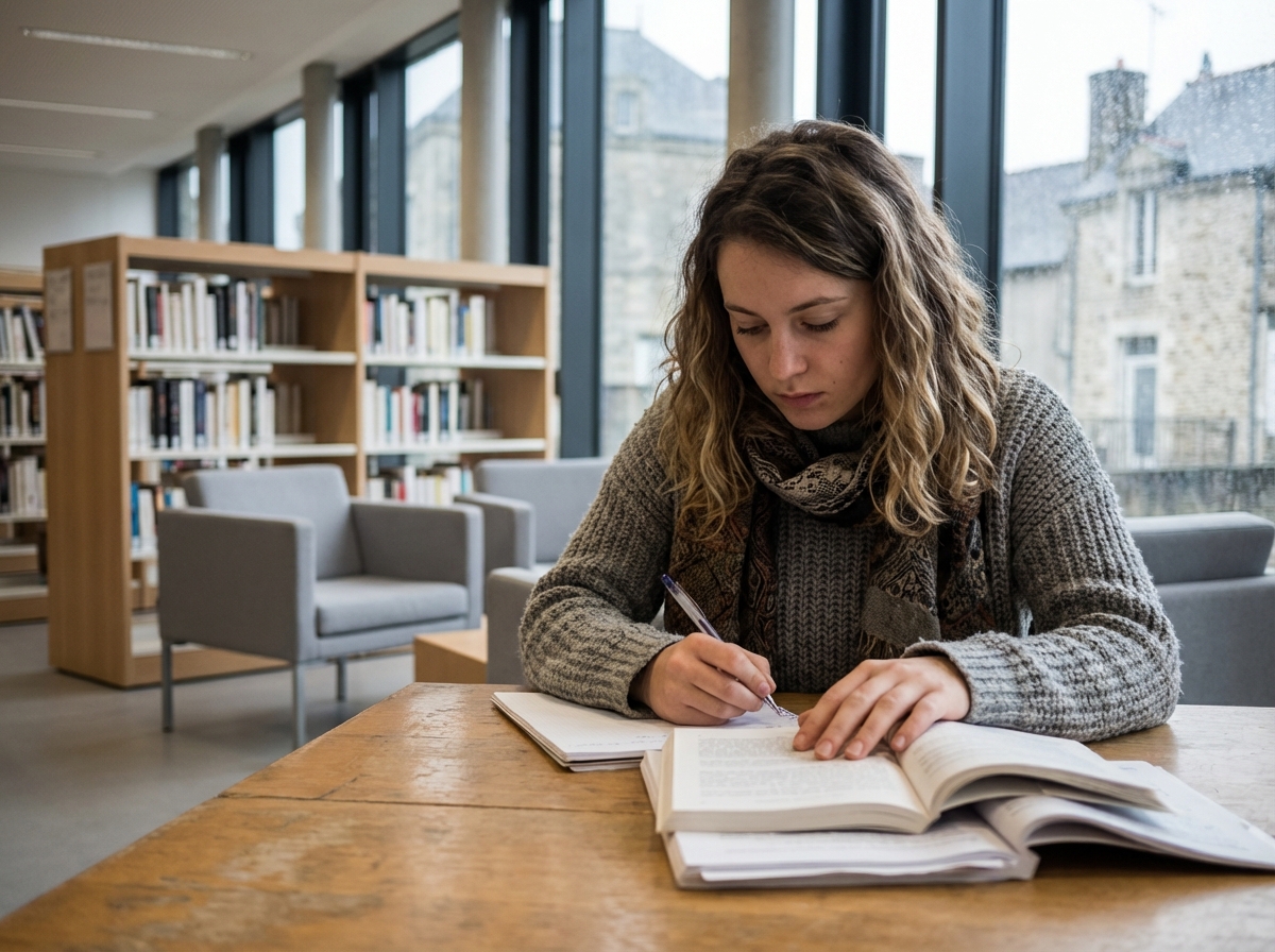 Jeune femme lisant dans une bibliothèque moderne