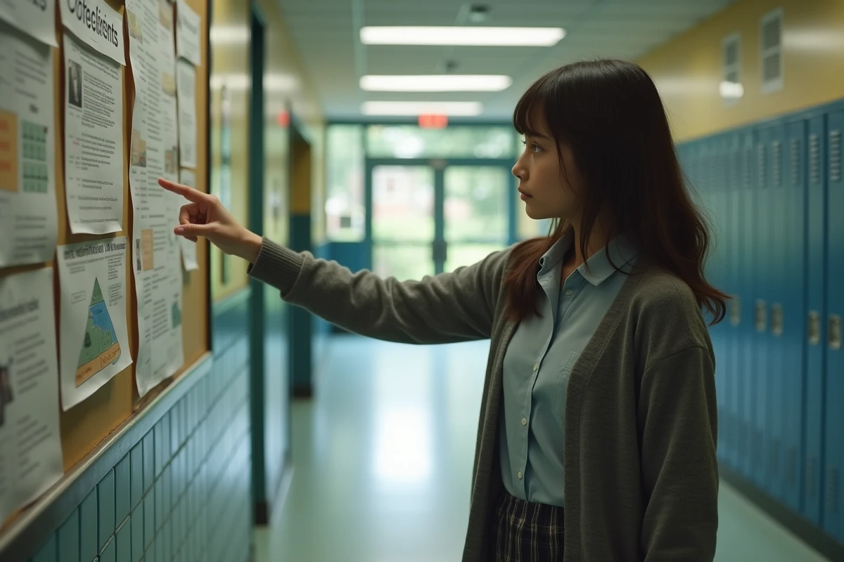 Fille au lycée regardant le panneau coefficients Bac