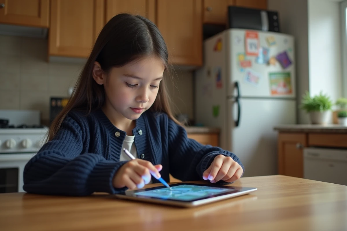Fille utilisant une tablette pour un test IQ à la maison