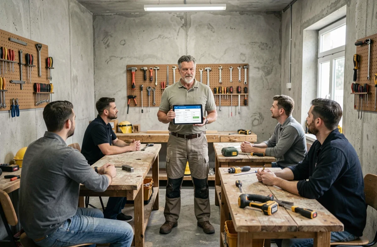 Formateur présentant les tarifs d'une formation en travaux à des stagiaires dans un centre de formation professionnelle