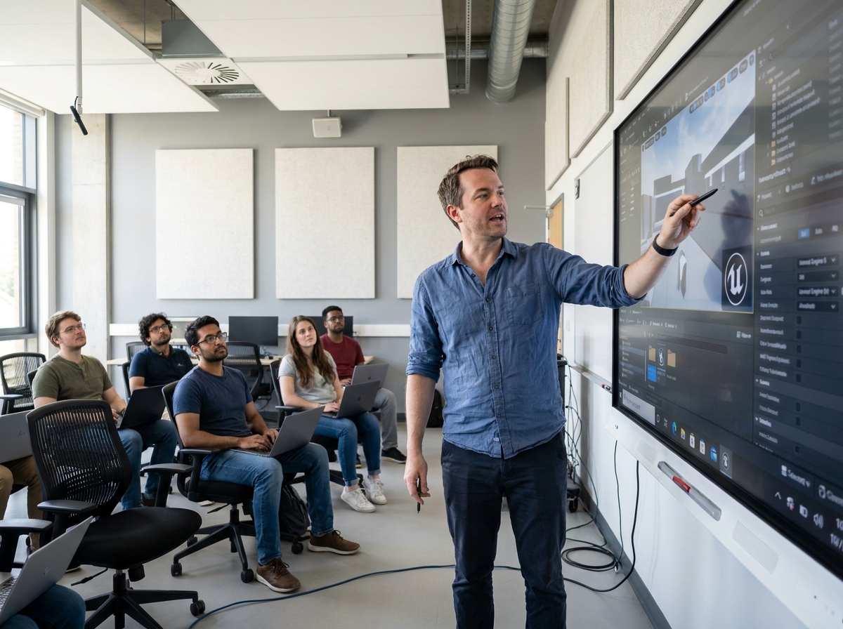 Formateur en développement de jeux vidéo présentant un moteur de jeu à ses étudiants dans une salle de formation professionnelle