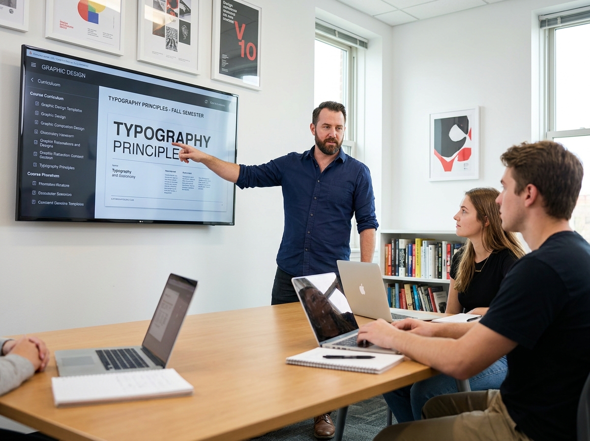 Formateur en design graphique présentant un programme de cours à des étudiants dans une salle de classe équipée