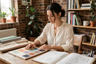 Étudiante en formation design d'intérieur analysant des échantillons de matières et de couleurs à son bureau de travail créatif