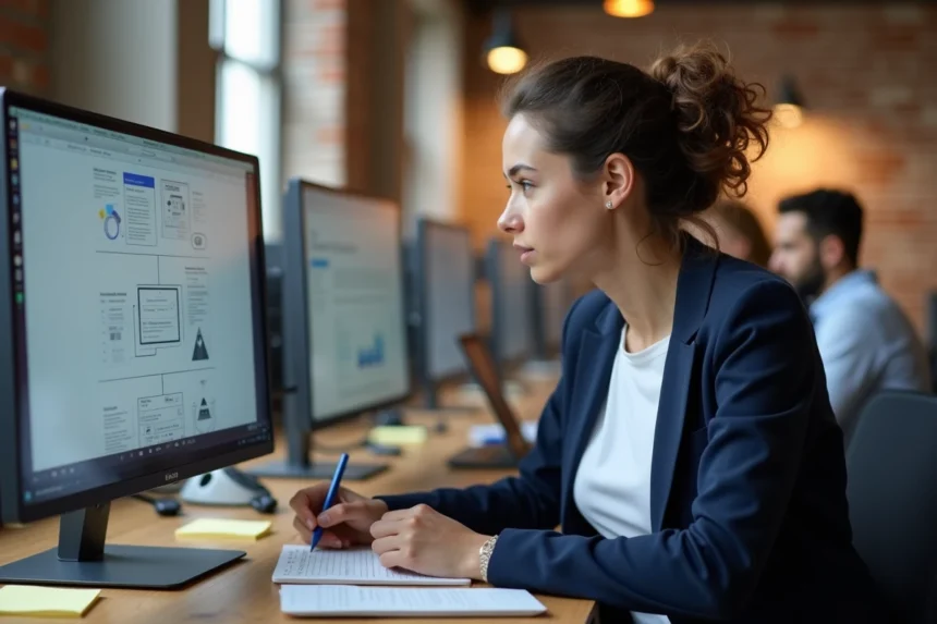 Jeune femme en formation digitale à Paris travaillant sur un projet de web design dans un espace de coworking moderne