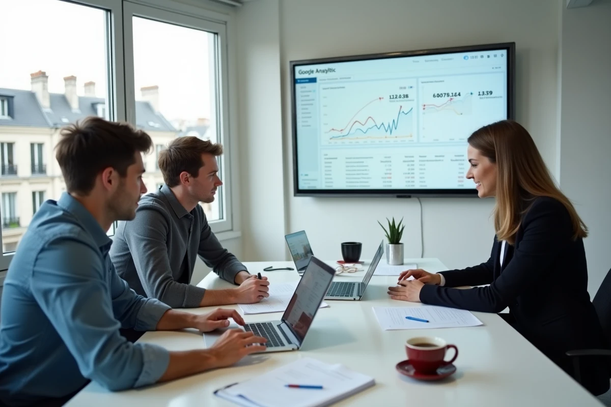 Groupe de professionnels en formation au marketing digital à Paris autour d'un tableau de bord analytique web