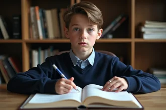 Garçon de 13 ans concentré en étude de français