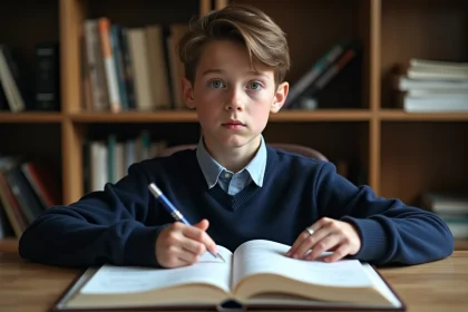 Garçon de 13 ans concentré en étude de français