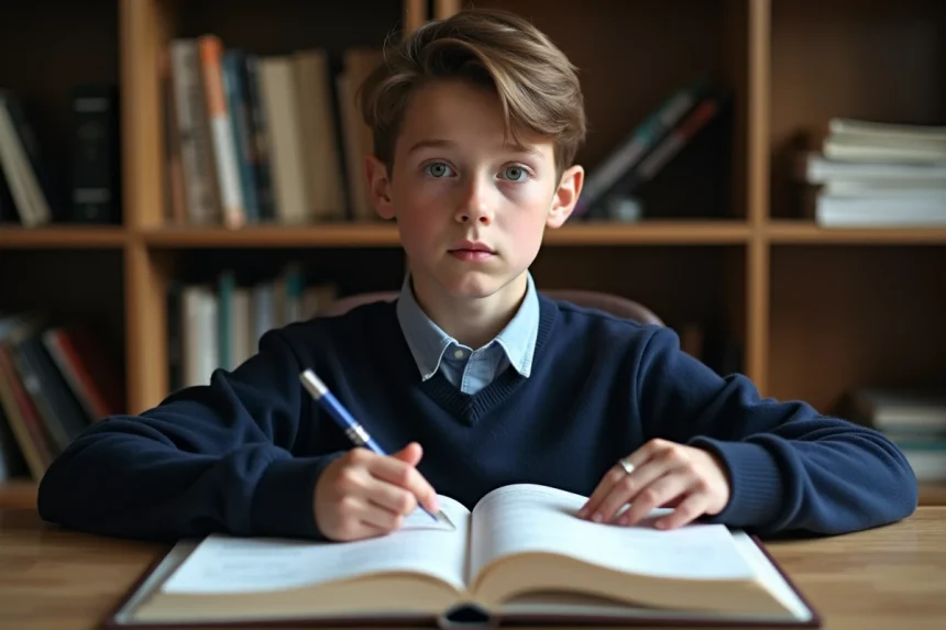 Garçon de 13 ans concentré en étude de français