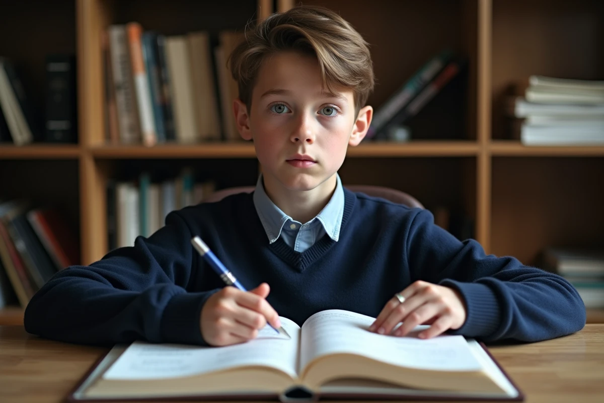 Garçon de 13 ans concentré en étude de français