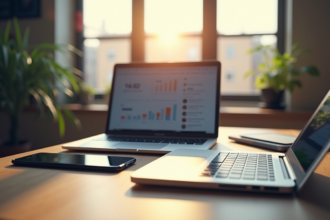 Tableur et smartphone sur un bureau moderne avec connexion Wi-Fi