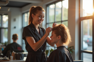 Coiffeur en pleine transformation d'une cliente dans un salon moderne
