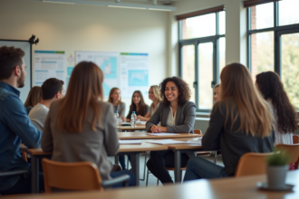 Élèves en classe de français discutant de leurs expériences d'apprentissage