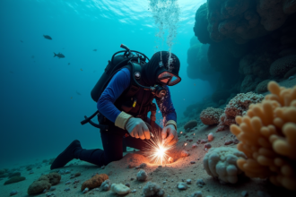 Scaphandrier effectuant des travaux sous-marins avec équipement spécialisé