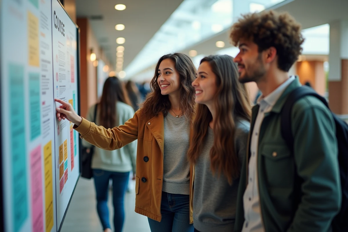 Trois lycéens discutant devant un panneau d information
