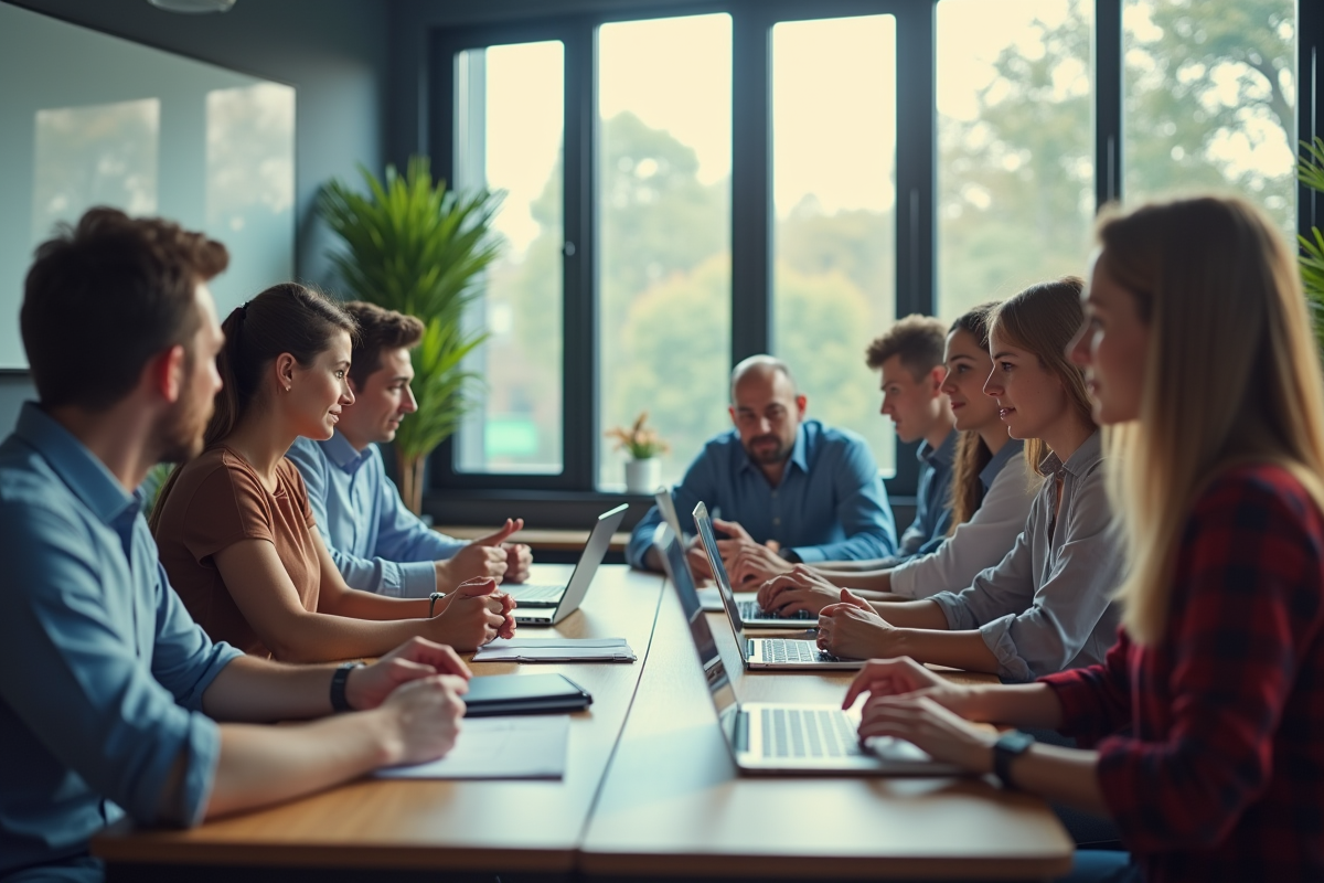 Groupe d'adultes en formation dans une salle lumineuse