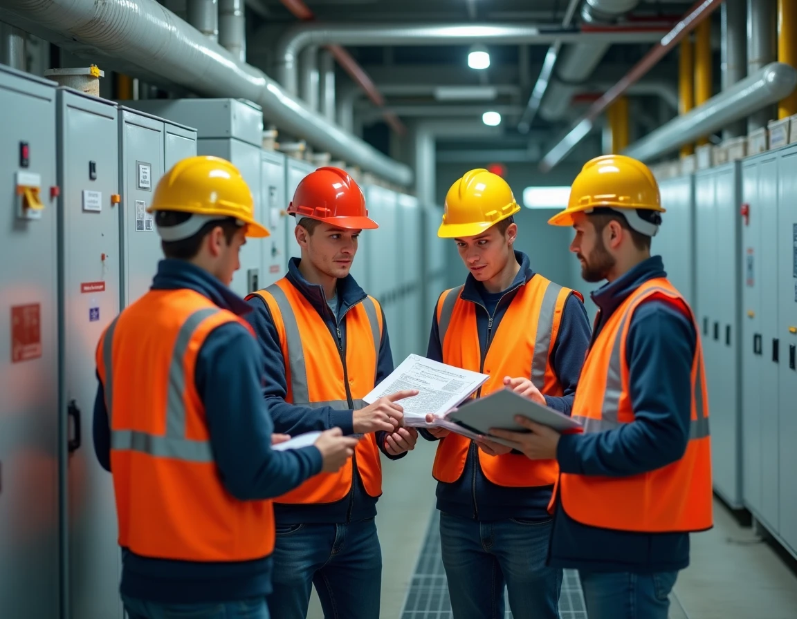 Groupe d'apprentis en formation professionnelle étudiant une installation électrique industrielle dans le cadre d'un partenariat entreprise CFA