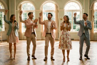 Groupe d'adultes joyeux apprenant une chorégraphie ensemble dans une salle de réception de mariage élégante