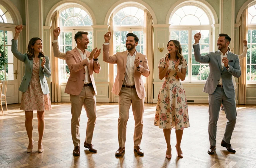Groupe d'adultes joyeux apprenant une chorégraphie ensemble dans une salle de réception de mariage élégante
