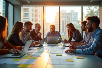 Groupe de professionnels en brainstorming dans un bureau moderne