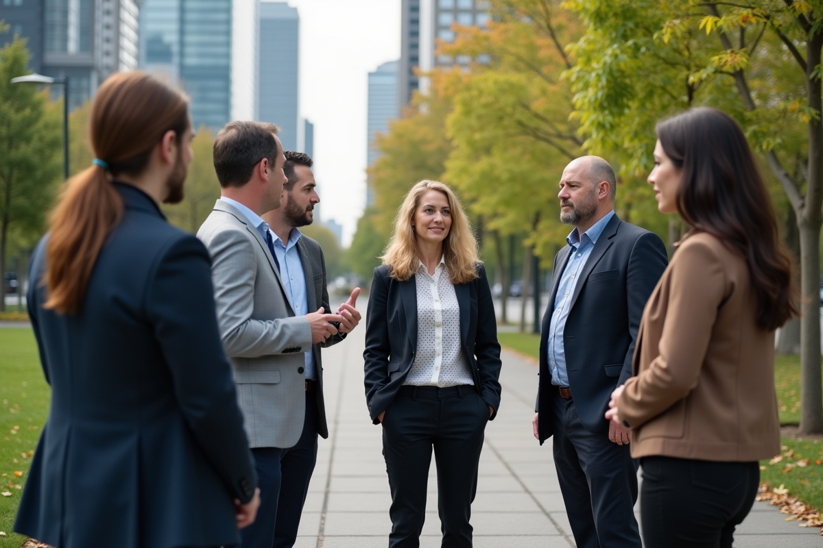 Groupe de cadres en coaching en plein air dans un parc urbain