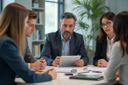 Groupe de professionnels en réunion dans un bureau moderne