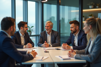 Groupe de professionnels en réunion dans une salle moderne