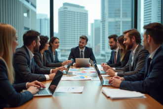 Groupe de professionnels en réunion dans une salle moderne