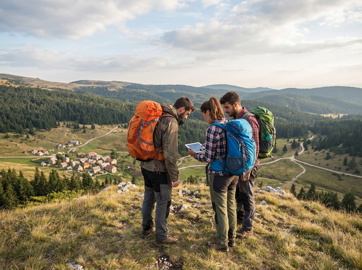 Groupe de randonneurs avec sac a dos sur une crête de montagne