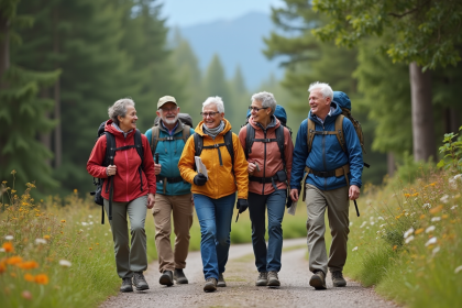 Groupe de randonneurs adultes et seniors en forêt