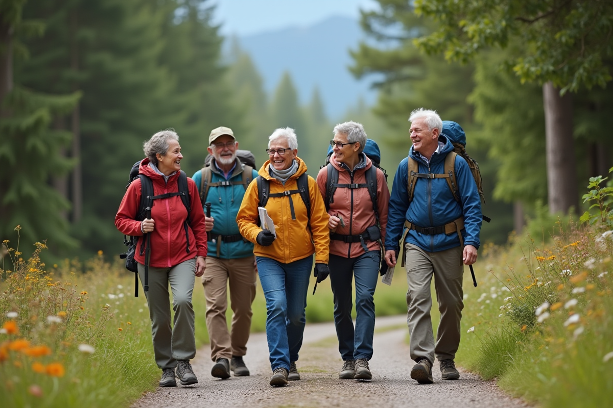 Groupe de randonneurs adultes et seniors en forêt