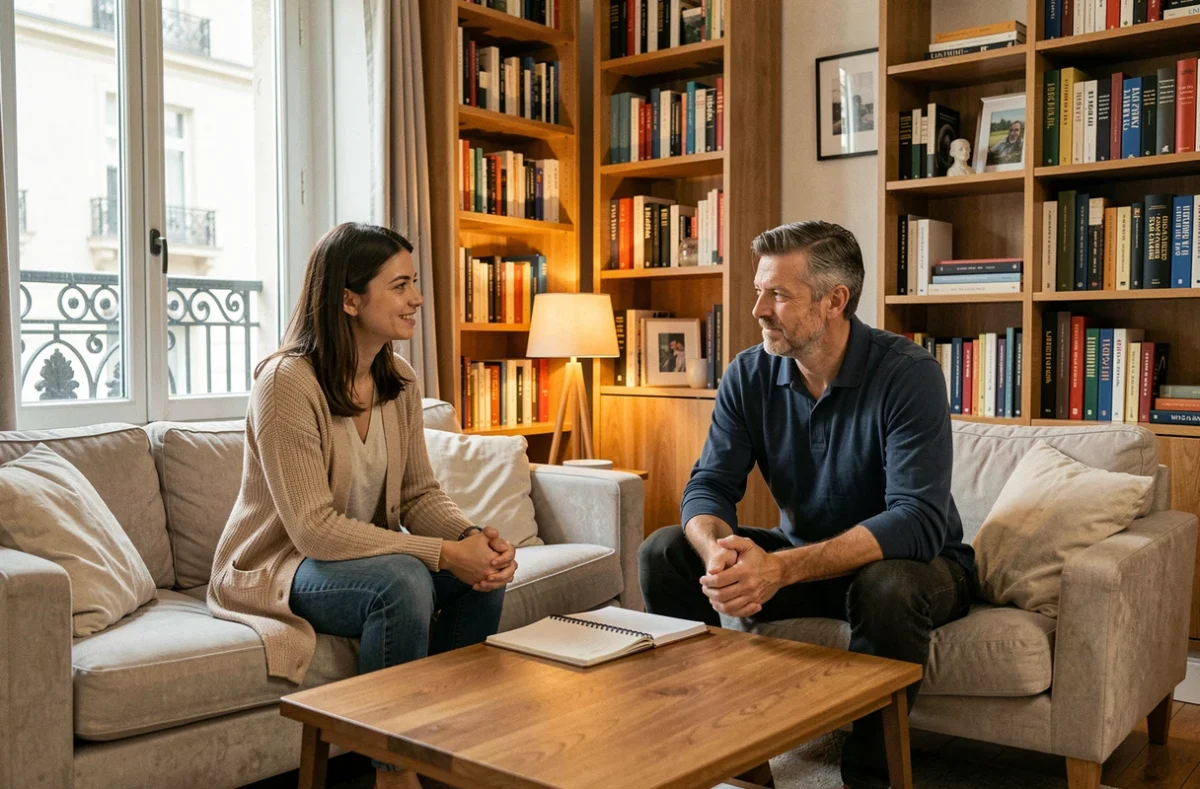 Cours particulier d'anglais à domicile dans un appartement parisien avec une tutrice et un étudiant adulte