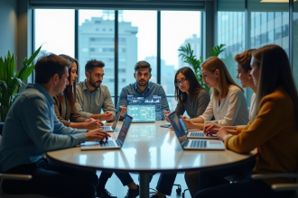 Groupe de jeunes professionnels discutant en bureau moderne